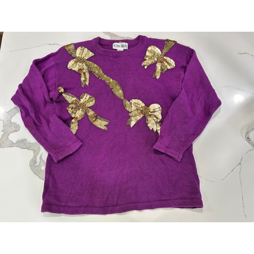 Victoria‎ Harbour Sequin Bow Sweater Purple Knit Holiday Partycore Large
